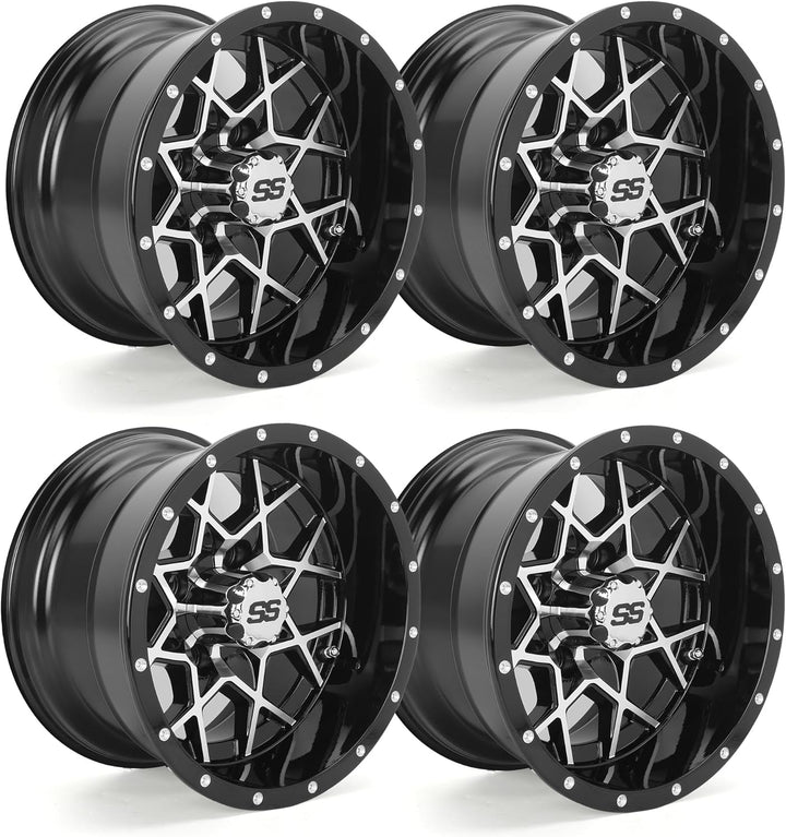 12"/14" Golf Cart Wheels (4-Pack) - Cast Aluminum Alloy w/ SS Center Caps - Lightweight for EZGO/Club Car/Yamaha