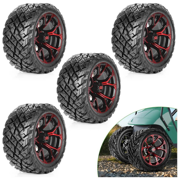 12"/14" Golf Cart Wheels and Tires Set (4-Pack) – All-Terrain/Street Tires w/ SS Caps – Fits EZGO, Club Car, Yamaha