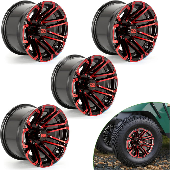 12 Inch Golf Cart Tires Rims (4-Pack) with SS Center Caps | Durable Powder Coated Aluminum Wheels