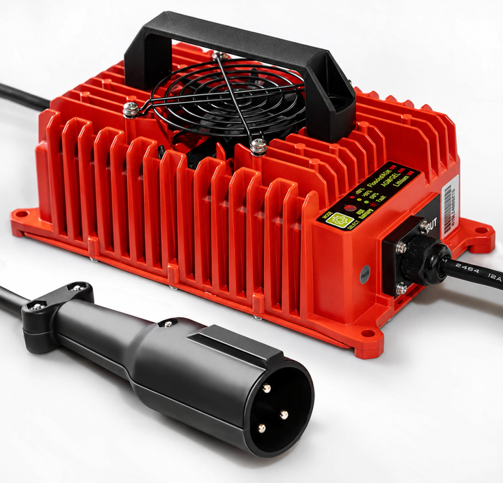 Red golf cart charger with round three-pin connector