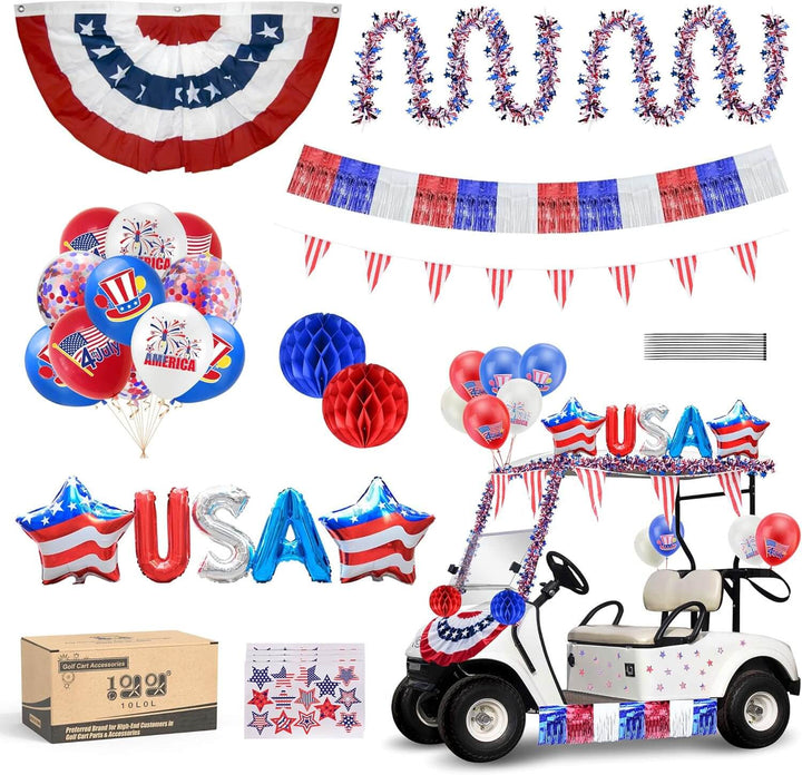 4th of July Golf Cart Decoration Kit – All-in-One Patriotic Parade Decor (Bunting, Balloons & Streamers!)