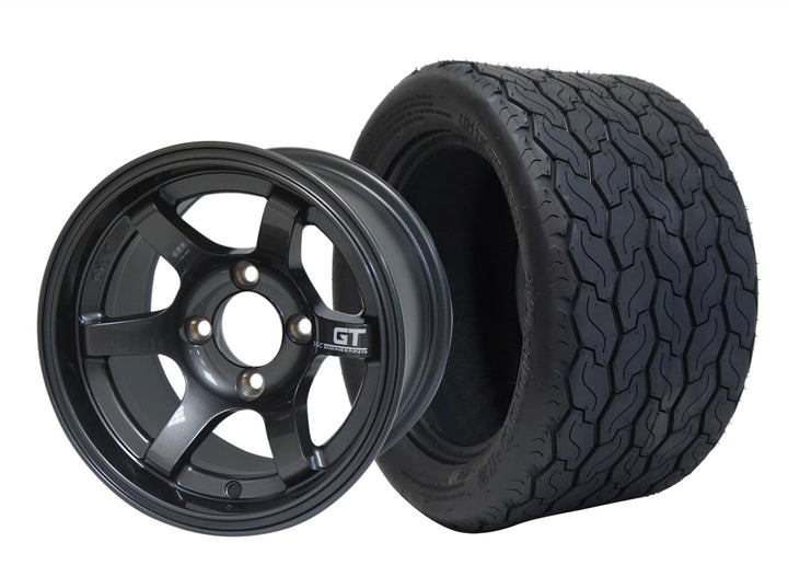 SGC 12″ GT Gunmetal Golf Cart Wheel & STEELENG 20x10-12 GECKO Street Tire (x4)