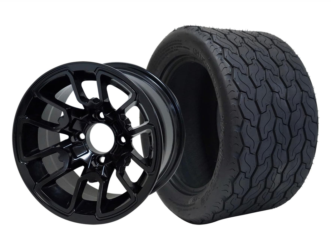 SGC 12″ Lizard Black Golf Cart Wheel & STEELENG 20x10-12 GECKO Street Tire (x4)