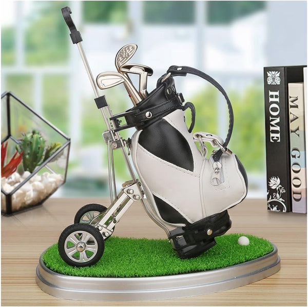 Golf Bag Pen Holder Desk Set – 3 Club Pens with Movable Push Cart (Black & White)
