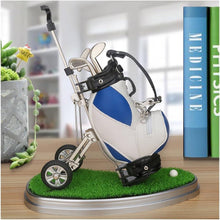 Load image into Gallery viewer, Golf Bag Pen Holder Desk Set – 3 Club Pens with Movable Push Cart (Blue &amp; White)