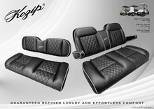 Load image into Gallery viewer, Kozip Front &amp; Rear Seat Cushion Set with NOMAD Rear Seat Kit &amp; Roof Supports for Club Car Precedent, Tempo &amp; Onward | Black Diamond Stitch Golf Cart Cushions with White Piping &amp; Armrests
