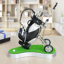 Load image into Gallery viewer, Golf Bag Pen Holder Desk Set – 3 Club Pens with Movable Push Cart (Silver &amp; Black)