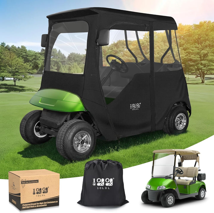 2 Passenger Black Golf Cart Enclosure with 2 Door Zippers for EZGO TXT & RXV – 600D Weather Cover