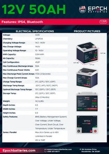 EPOCH 12V 50Ah LiFePO4 Deep Cycle Lithium Battery for RV, Marine, Solar Replacement