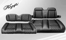 Load image into Gallery viewer, Kozip Aeris Black Front and Rear Seat Cushion Set with White Piping &amp; Black Diamond Stitching with NOMAD Rear Flip Seat Kit for EZGO TXT