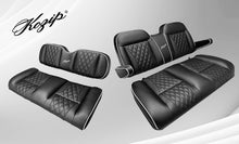 Load image into Gallery viewer, Kozip Aeris Black Front and Rear Seat Cushion Set with White Piping &amp; Black Diamond Stitching with NOMAD Rear Flip Seat Kit for EZGO RXV