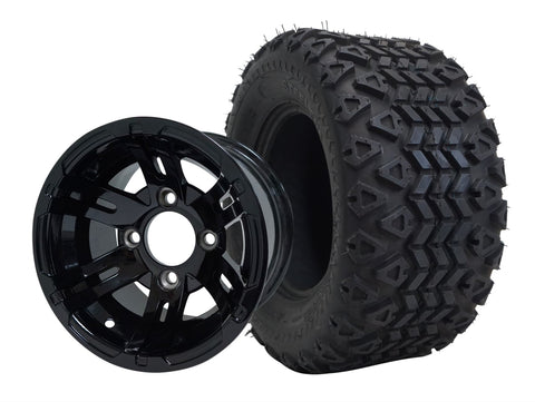 SGC 10″ Bulldog Glossy Black Golf Cart Wheel & Tire Combo – Aluminum Alloy Wheel with STEELENG 18″x9″-10″ All-Terrain DOT Tire