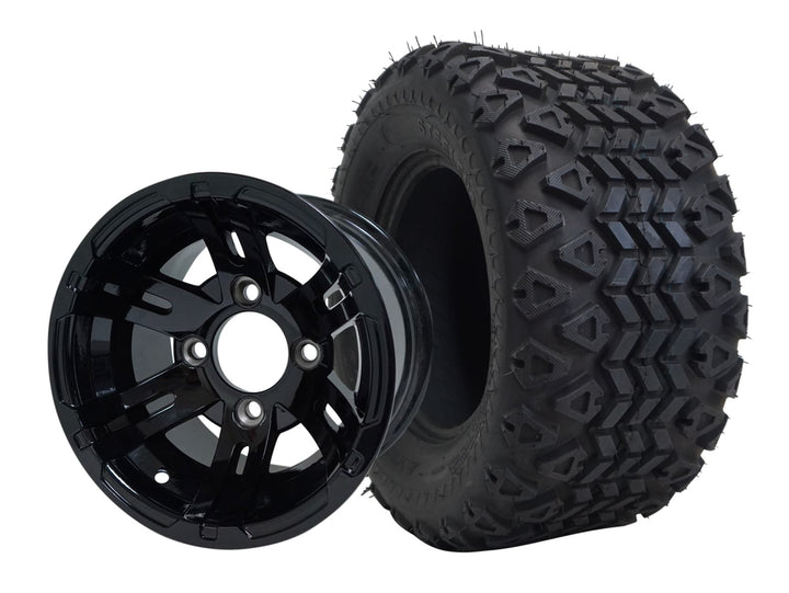 SGC 10″ Bulldog Glossy Black Golf Cart Wheel & Tire Combo – Aluminum Alloy Wheel with STEELENG 18″x9″-10″ All-Terrain DOT Tire