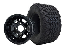 Load image into Gallery viewer, SGC 10″ Bulldog Glossy Black Golf Cart Wheel &amp; Tire Combo – Aluminum Alloy Wheel with STEELENG 18″x9″-10″ All-Terrain DOT Tire