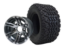 Load image into Gallery viewer, SGC 10″ Bulldog Machined/Gunmetal Golf Cart Wheel &amp; Tire Combo – Aluminum Alloy Wheel with STEELENG 18″x9″-10″ All-Terrain DOT Tire