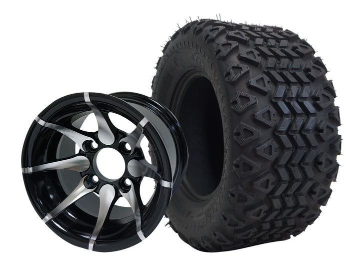 SGC 10″ Kraken Machined/Black Golf Cart Wheel & Tire Combo – Aluminum Alloy Wheel with STEELENG 18″x9″-10″ All-Terrain DOT Tire
