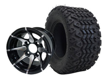 Load image into Gallery viewer, SGC 10″ Kraken Machined/Black Golf Cart Wheel &amp; Tire Combo – Aluminum Alloy Wheel with STEELENG 18″x9″-10″ All-Terrain DOT Tire