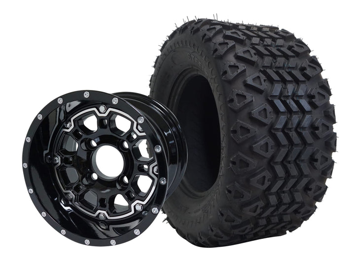 SGC 10″ Panther Glossy Black Golf Cart Wheel & Tire Combo – Aluminum Alloy Wheel with STEELENG 18″x9″-10″ All-Terrain DOT Tire