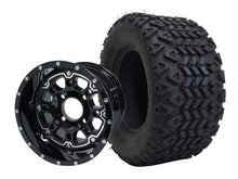 Load image into Gallery viewer, SGC 10″ Panther Glossy Black Golf Cart Wheel &amp; Tire Combo – Aluminum Alloy Wheel with STEELENG 18″x9″-10″ All-Terrain DOT Tire
