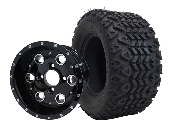 SGC 10″ Pioneer Glossy Black Golf Cart Wheel & Tire Combo – Aluminum Alloy Wheel with STEELENG 18″x9″-10″ All-Terrain DOT Tire