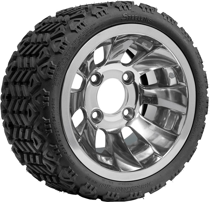 SGC 10″ Silver Bullet Polished Golf Cart Wheel & Tire Combo – Aluminum Alloy Wheel with STEELENG 18″x9″-10″ All-Terrain DOT Tire