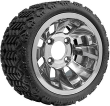 Load image into Gallery viewer, SGC 10″ Silver Bullet Polished Golf Cart Wheel &amp; Tire Combo – Aluminum Alloy Wheel with STEELENG 18″x9″-10″ All-Terrain DOT Tire