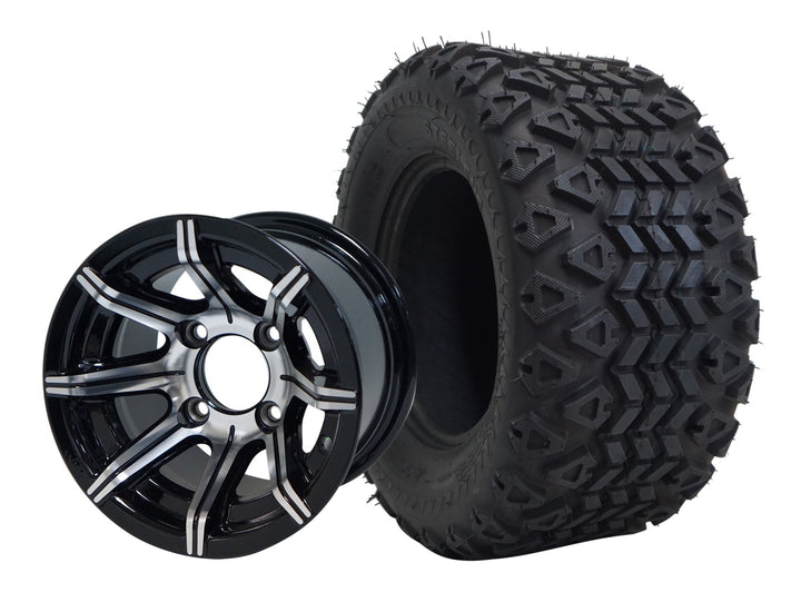 SGC 10″ Spider Machined/Black Golf Cart Wheel & Tire Combo – Aluminum Alloy Wheel with STEELENG 18″x9″-10″ All-Terrain DOT Tire