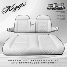 Load image into Gallery viewer, KOZIP Front Seat Cushion Set for Club Car Precedent (2004–2018), Tempo (2018+), &amp; Onward (2017+) – White Base with Black Piping &amp; White Cross Stitch