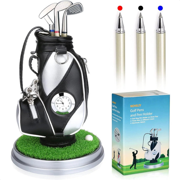 10L0L black and silver golf bag pen holder with clock 00229-A