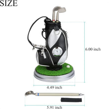 Load image into Gallery viewer, Mini Desktop Golf Bag Pen Holder with Clock &amp; Golf Pens | Black &amp; Silver Golf Cart Desk Organizer Gift