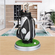 Load image into Gallery viewer, Mini Desktop Golf Bag Pen Holder with Clock &amp; Golf Pens | Black &amp; Silver Golf Cart Desk Organizer Gift