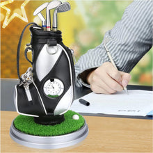 Load image into Gallery viewer, Mini Desktop Golf Bag Pen Holder with Clock &amp; Golf Pens | Black &amp; Silver Golf Cart Desk Organizer Gift