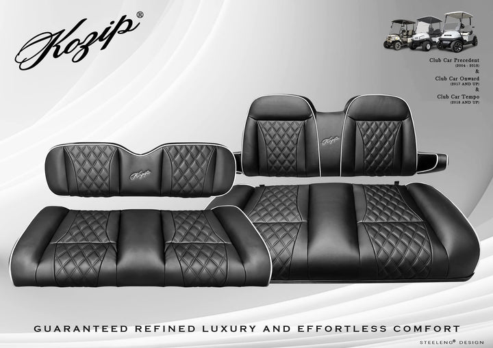 Kozip Aeris + NOMAD Rear Flip Seat Kit w/ Roof Supports – Club Car Precedent/Tempo, Black/White | BNDL-SCPR31-SFPR10-SC0031