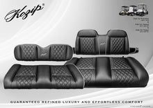 Load image into Gallery viewer, Kozip Front &amp; Rear Seat Cushion Set with NOMAD Rear Seat Kit &amp; Roof Supports for Club Car Precedent, Tempo &amp; Onward | Black Diamond Stitch Golf Cart Cushions with White Piping &amp; Armrests
