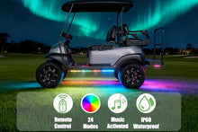 Load image into Gallery viewer, Golf cart with RGB underbody lighting and remote, music-sync, and waterproof-strip features