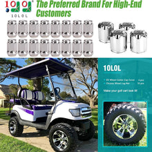 Load image into Gallery viewer, Chrome Golf Cart Center Caps &amp; Lug Nuts Kit (4 Caps + 16 Nuts) - Fits EZGO, Club Car