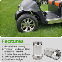 Load image into Gallery viewer, Chrome Golf Cart Center Caps &amp; Lug Nuts Kit (4 Caps + 16 Nuts) - Fits EZGO, Club Car