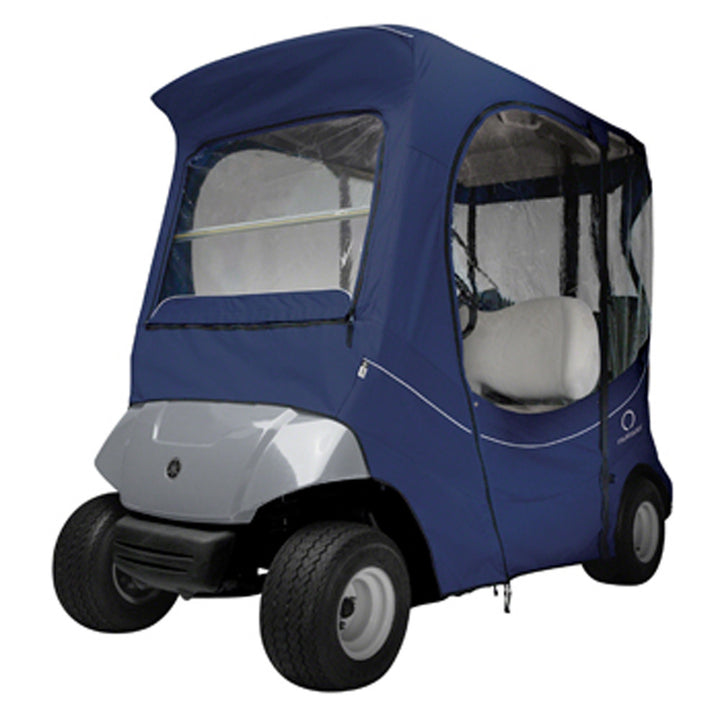 Classic Accessories navy 2-passenger enclosure for Yamaha G29 / Drive, SKU 2037; golf cart shown for fitment illustration