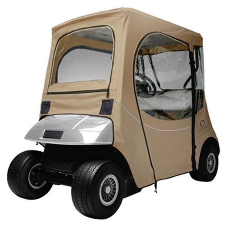 Classic Accessories khaki 2-passenger short-roof enclosure on an EZGO TXT