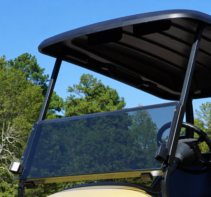 Fold-down windshield installed on a Club Car golf cart