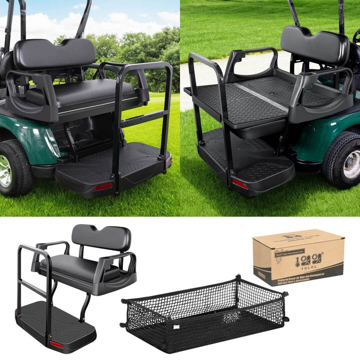 Golf Cart Rear Seat Kit 180° Flip Design for EZGO RXV with Padded Seat, Safety Armrest Cup Holder, Non-slip Pedal