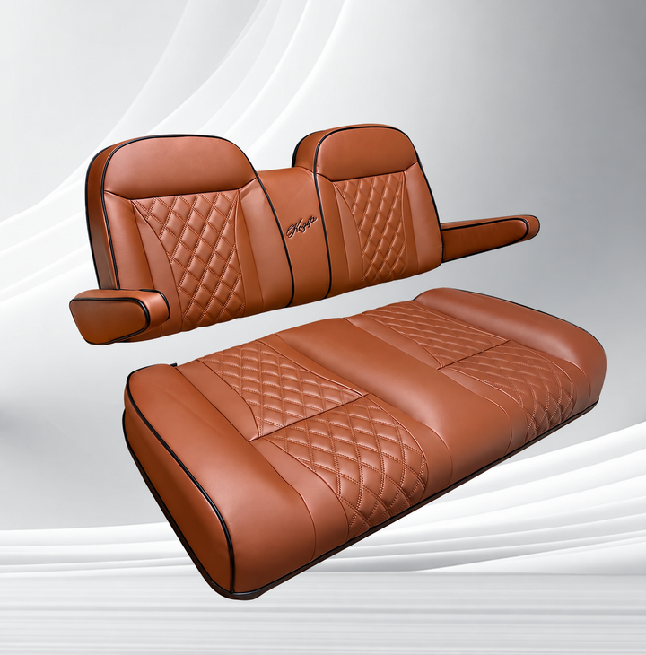 Brown Kozip front seat cushions with black piping
