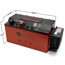 Load image into Gallery viewer, Manufacturer dimensional illustration of the MODZ 51.2V 105Ah Slim battery with mounted charger