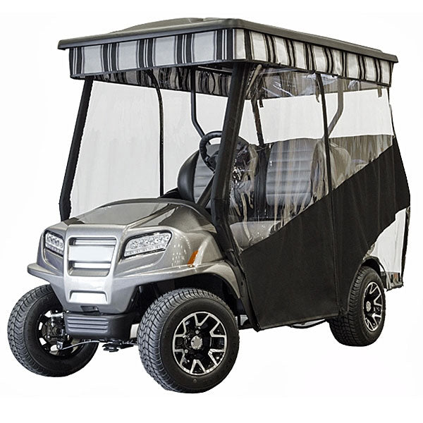 Supplier reference photo of RedDot Onward track-style enclosure shown in optional dark Sunbrella fabric; SKU 66001 is supplied in white vinyl.