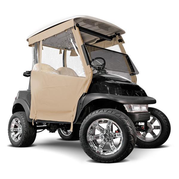 RedDot beige 2-passenger track enclosure with full back and hooks on a Club Car Precedent