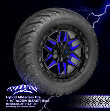 Load image into Gallery viewer, SGC 14-inch Blue Widow wheel mounted with a STEELENG 23x10.5-14 Thunder Bolt tire; package includes four assemblies