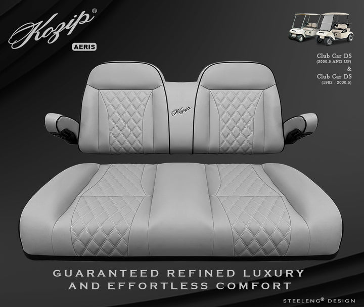 Kozip (AERIS) Front Seat Cushion Set – Gray Base with Black Piping – Gray Cross Stitch for Club Car DS (1982-up)