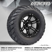 Load image into Gallery viewer, SGC 12 inch Terminator glossy black golf cart wheel with STEELENG 23x10.5-12 Ironclad all terrain tire