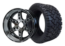 Load image into Gallery viewer, SGC 14-inch Turbine machined black wheel beside a STEELENG 23x10.5-14 STINGER tire; set contains four wheels and four tires